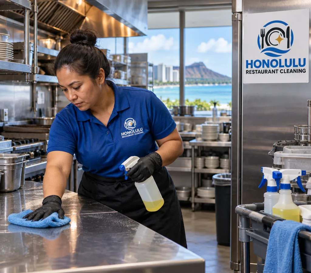 Professional cleaner sanitizing stainless prep tables and equipment in a working restaurant kitchen
