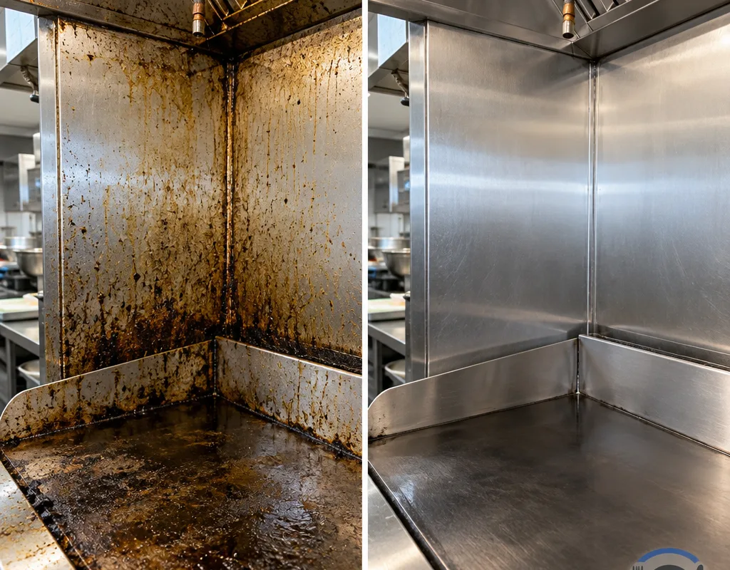 Before and after view of a greasy cookline backsplash and wall corner after grease film and splash staining were removed