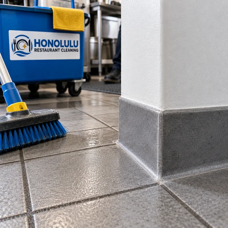Clean commercial kitchen floor corner with cove base and scrubbed grout lines showing reduced dark buildup