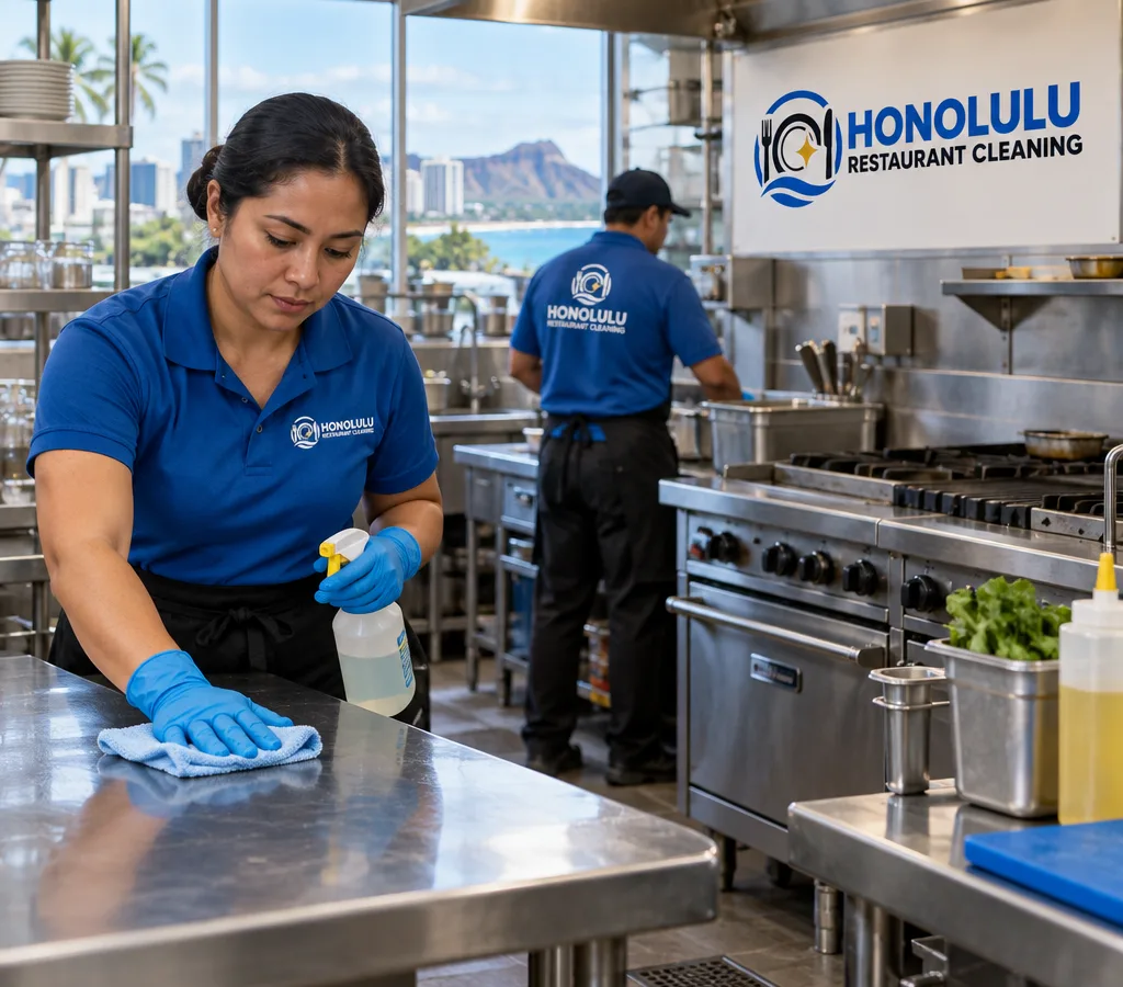 Professional cleaner wiping stainless prep tables and cooking equipment in a working commercial kitchen using PPE and food-safe tools