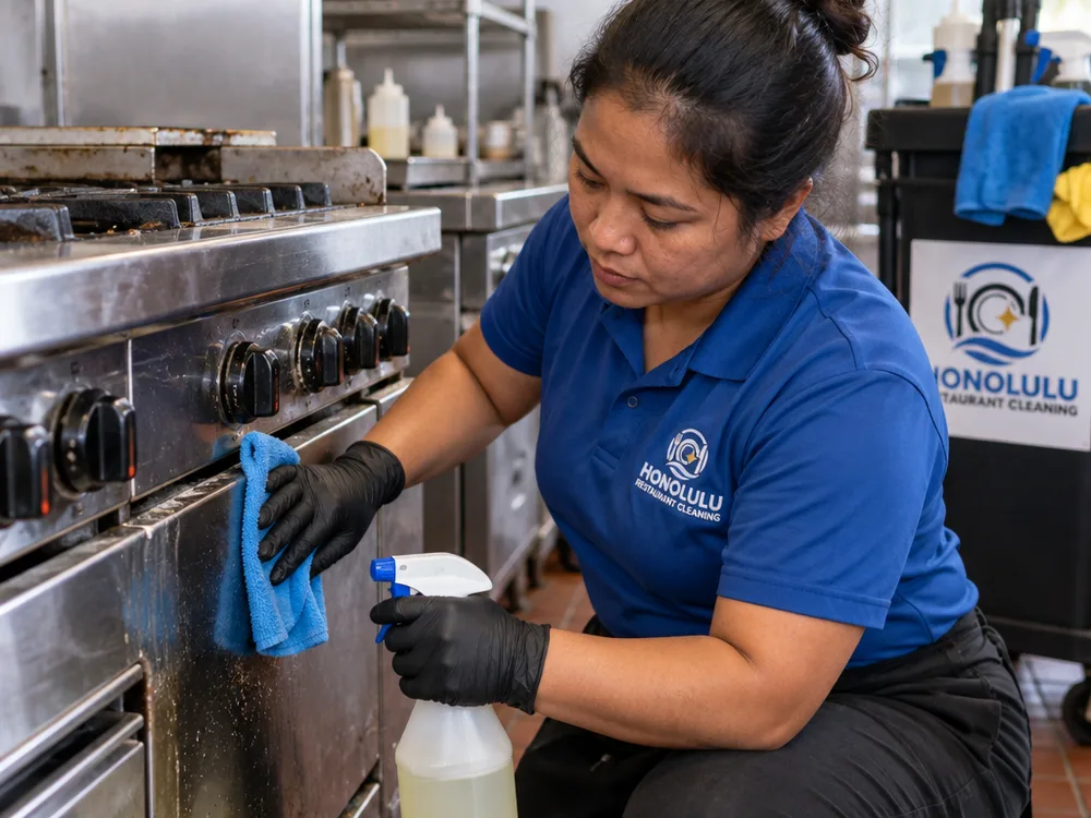 Cleaner degreasing commercial range side panels, seams, controls, and knobs using food-safe degreaser and a microfiber cloth