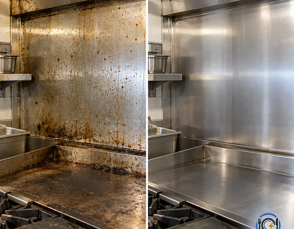 Before-and-after view of a cook-line wall and stainless panel showing grease haze and splatter removed to a clean finish