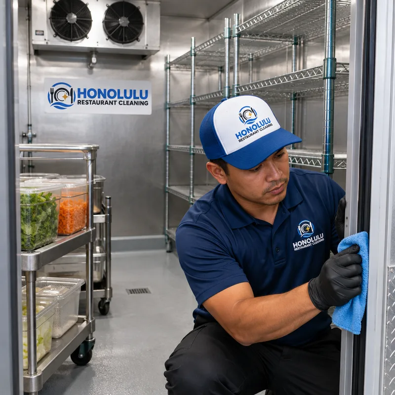 Walk-in cooler after cleaning with spotless shelving, clean floor edges, and a wiped door gasket while products are staged for reloading