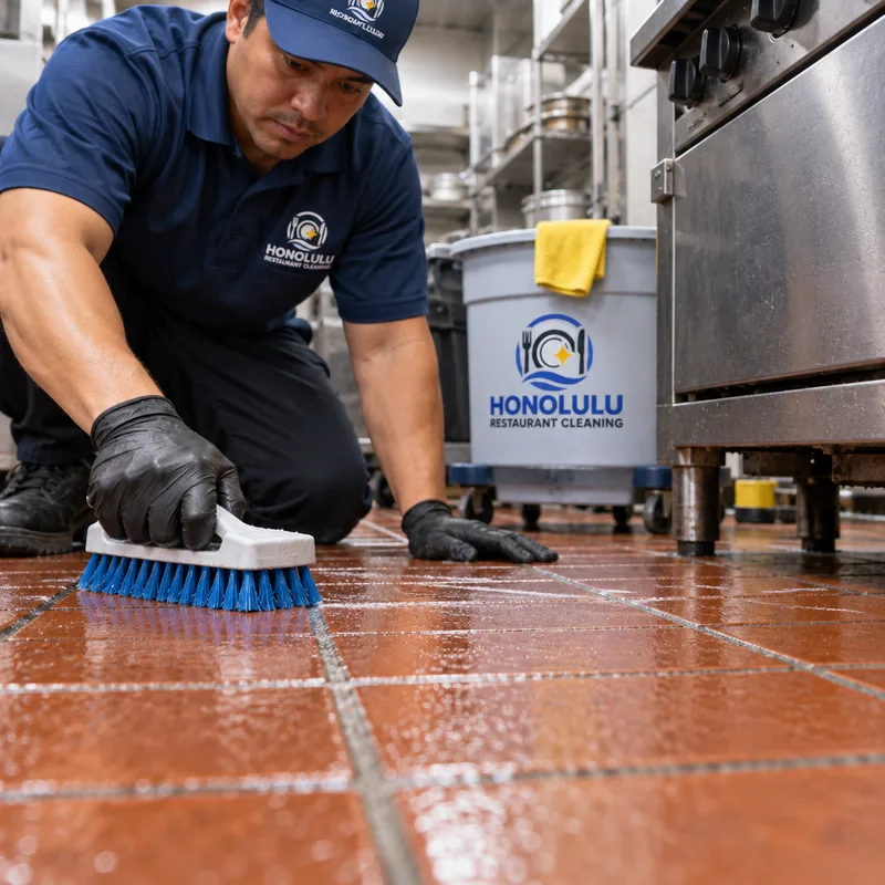 Freshly scrubbed quarry tile floor with clean grout lines, reduced grease film, and restored traction in a commercial kitchen