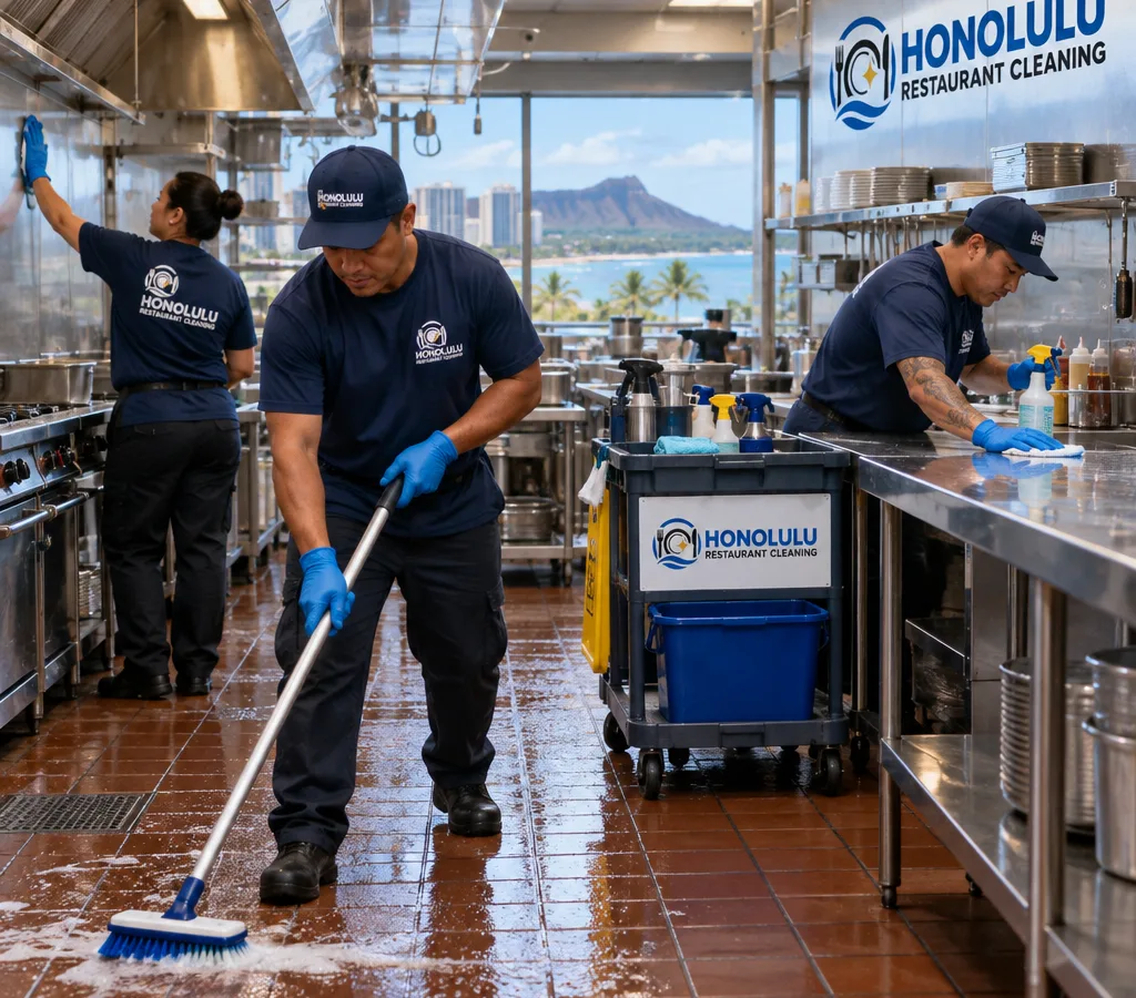 Commercial kitchen crew scrubbing quarry tile floors, degreasing stainless prep tables, and wiping walls in a Honolulu restaurant kitchen