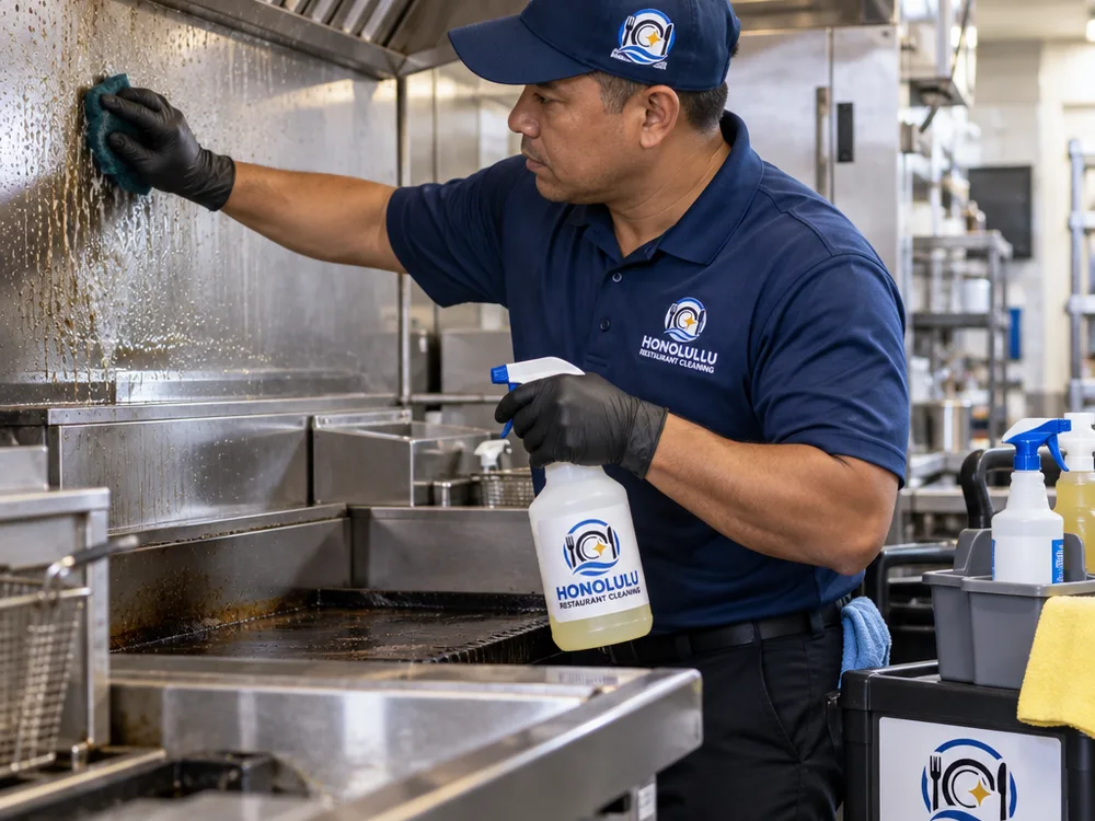 Technician degreasing commercial kitchen walls and stainless cook-line surfaces with labeled food-safe cleaning products and equipment protection