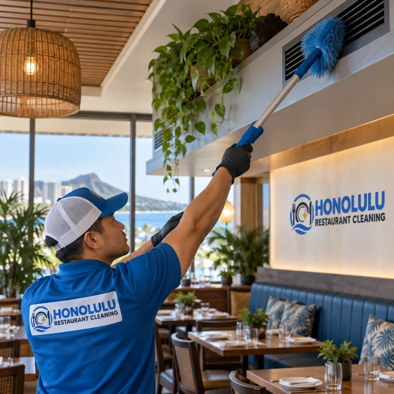 Technician using an extension tool to remove dust from a restaurant air vent and high ledge above clean dining tables