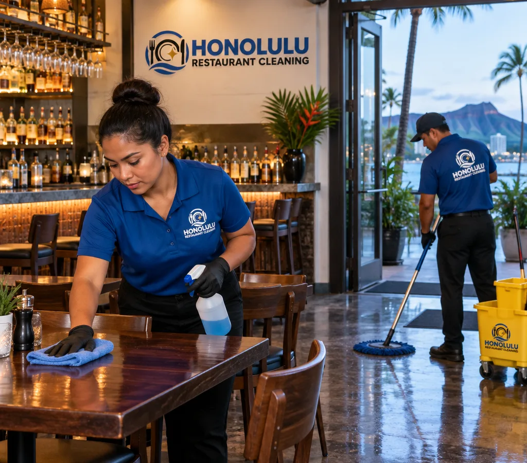 Cleaner wiping dining room tables and chairs while another technician mops a restaurant entryway after closing