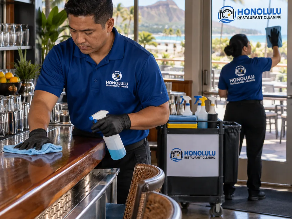 Technicians detailing a restaurant bar and wiping fingerprints from a glass entry door with supplies staged away from guest paths