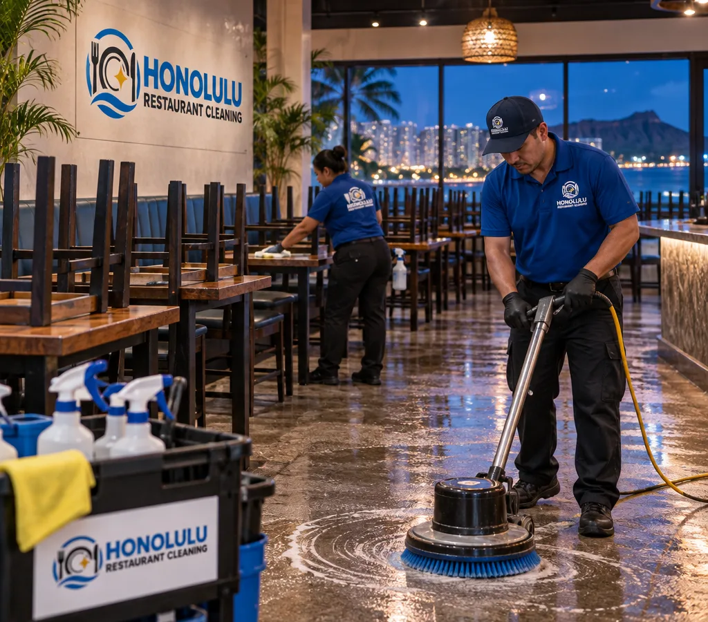 After-hours janitorial team cleaning an empty Honolulu restaurant dining area with chairs raised, floors being scrubbed, and cleaning caddies neatly staged