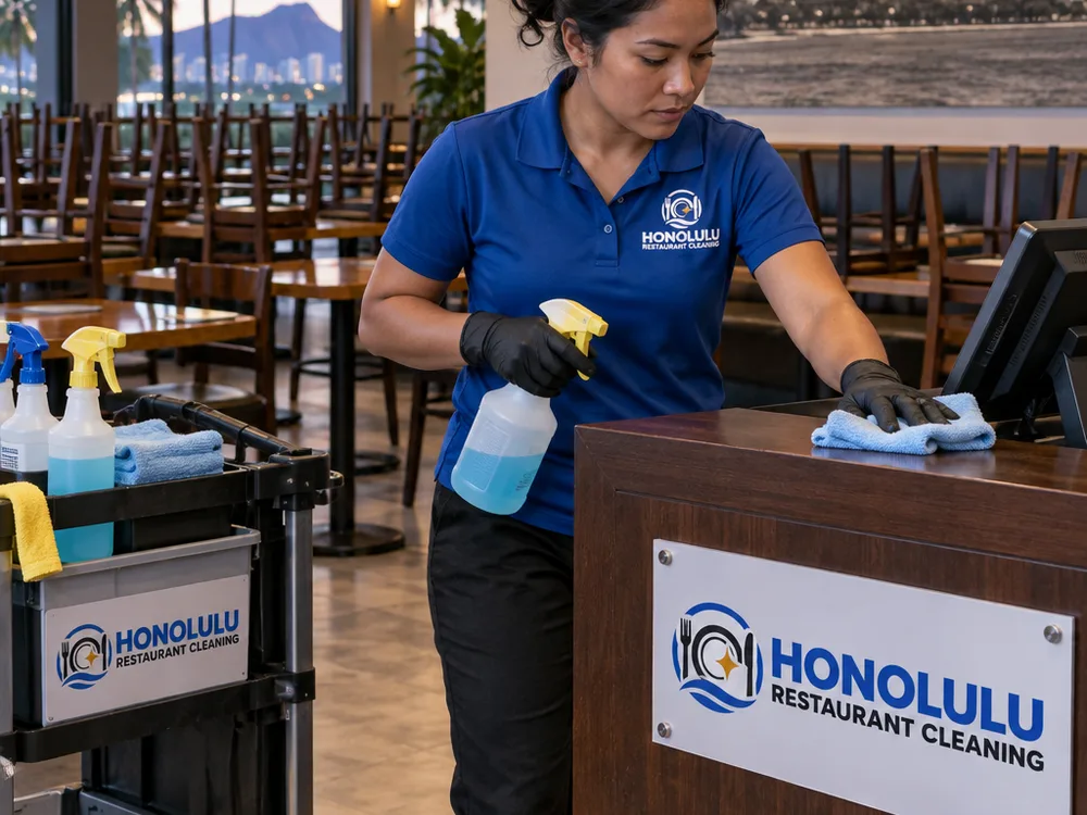 Cleaner wiping and disinfecting restaurant tables and a host stand after hours with an empty dining room, stacked chairs, and organized labeled supplies