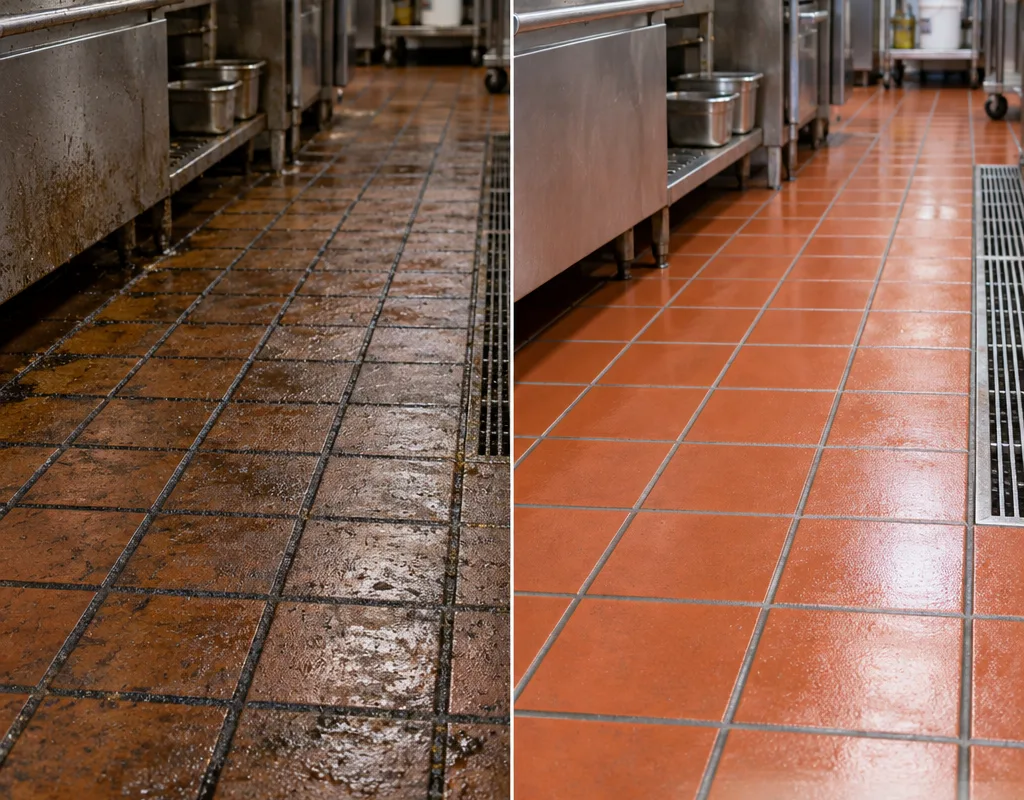 Before and after commercial kitchen quarry tile showing greasy dark grout beside brighter cleaned grout and tile