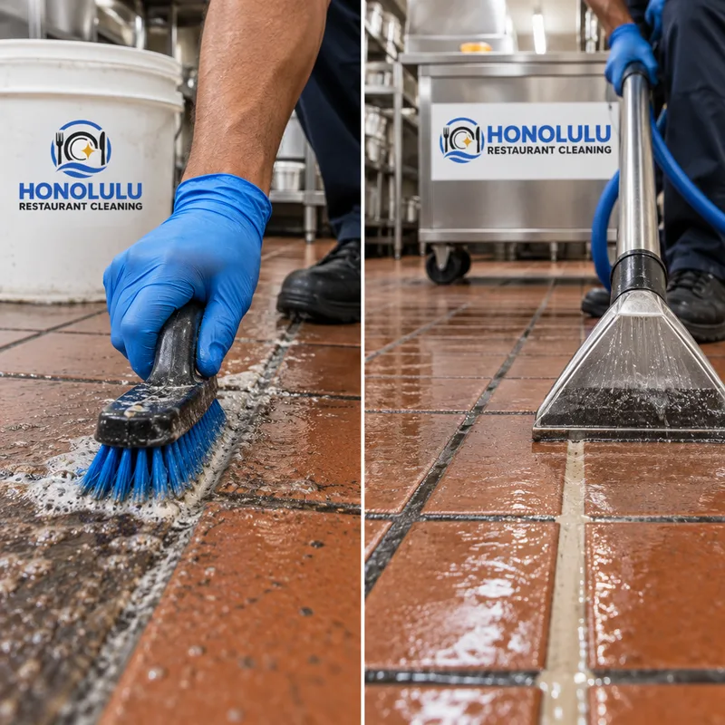 Commercial quarry tile grout line being scrubbed, rinsed, and extracted with visible contrast between clean and soiled grout