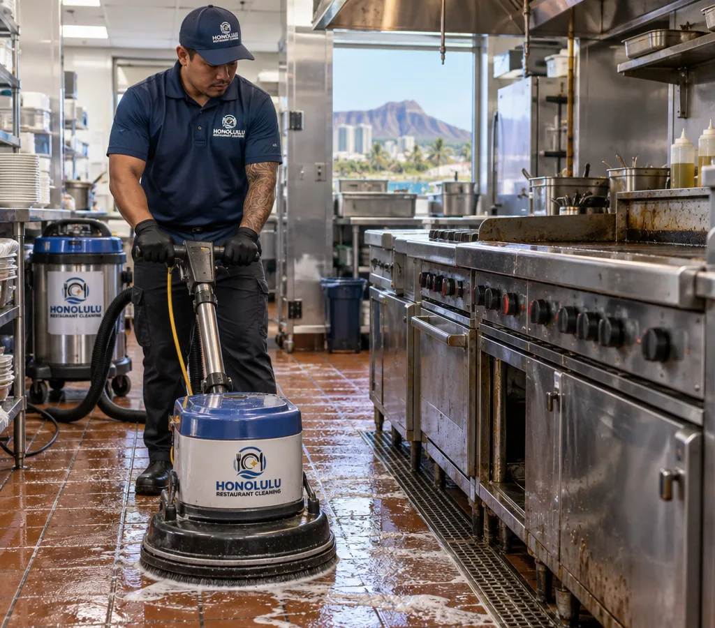 Technician scrubbing a greasy commercial kitchen tile floor with an auto scrubber and wet vacuum