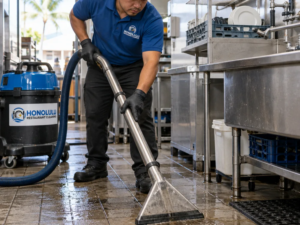 Wet vacuum extracting dirty rinse solution from textured kitchen tile near a restaurant dish area