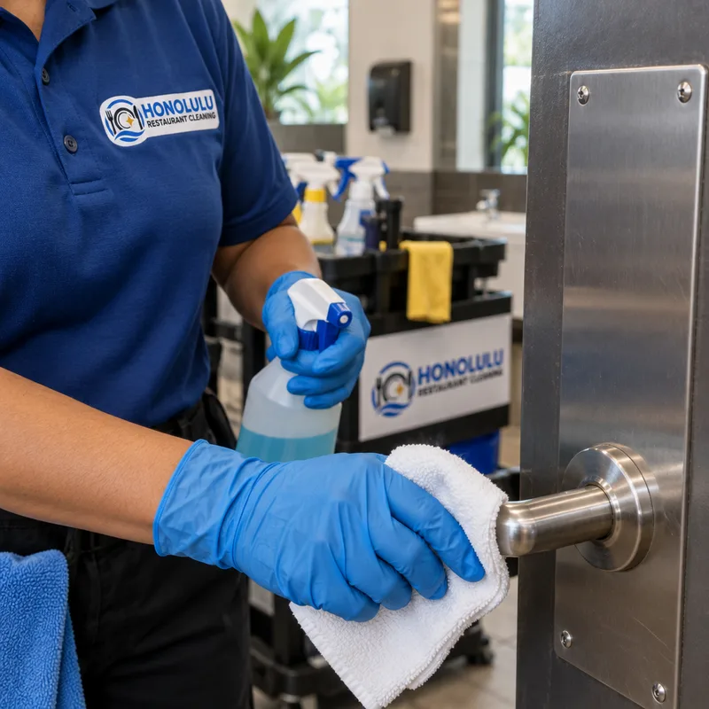 Close-up of gloved hands disinfecting a commercial restroom door handle and push plate, with cleaning supplies staged on a cart in the background