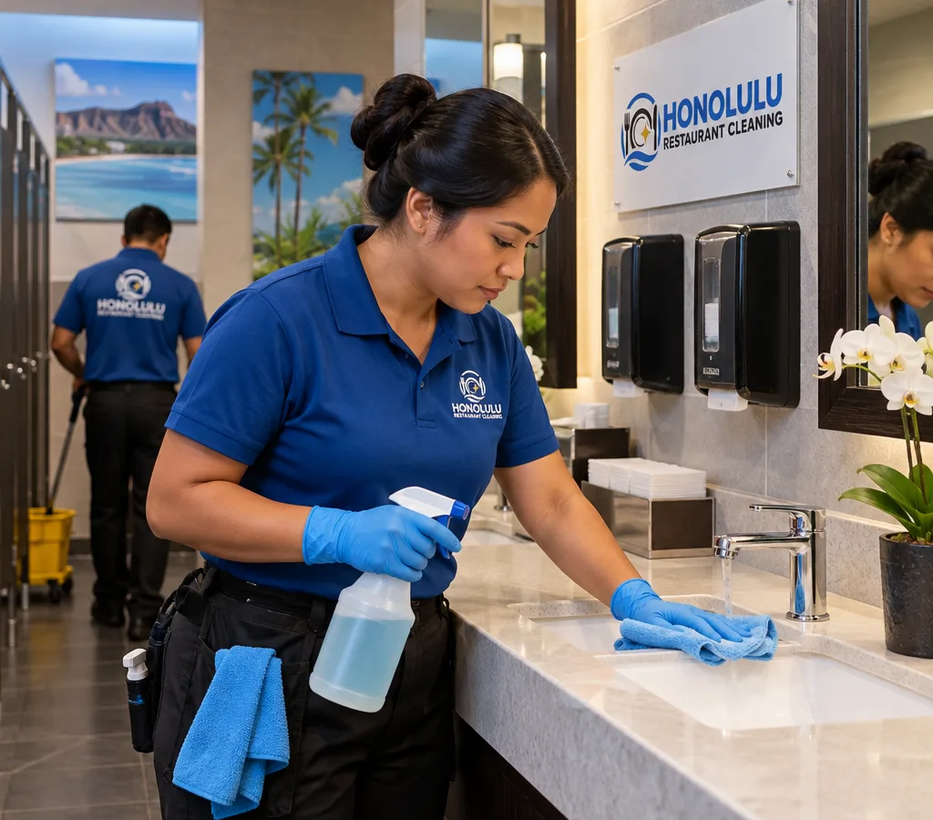 After-hours restaurant cleaning team wiping and sanitizing a restroom vanity and faucet, with stocked dispensers and a spotless mirror in a commercial bathroom setting