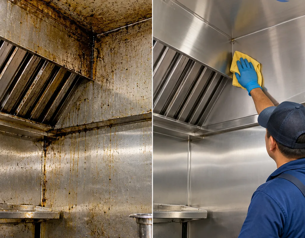 Before-and-after comparison of a greasy dust-lined ceiling corner above a cook line and the cleaned residue-free surface
