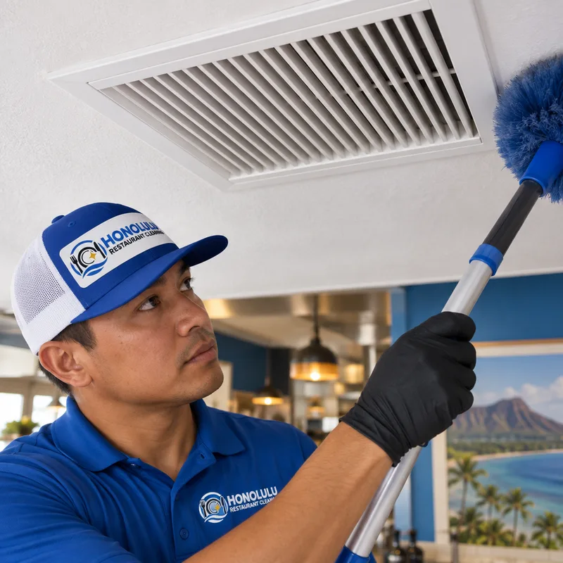 Clean HVAC return grille and surrounding commercial-kitchen ceiling with no visible dust halo