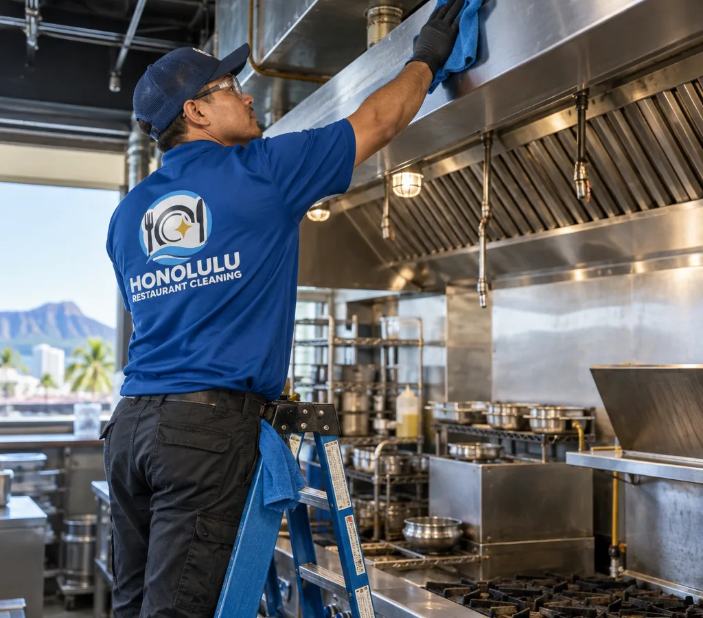 Technician on a ladder high dusting above a commercial cook line near ductwork and ceiling-mounted fixtures