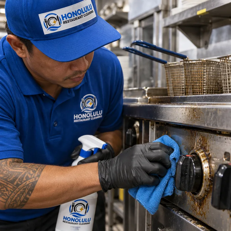 Technician wearing gloves cleaning grease from commercial fryer exterior panels and control knobs with a microfiber cloth