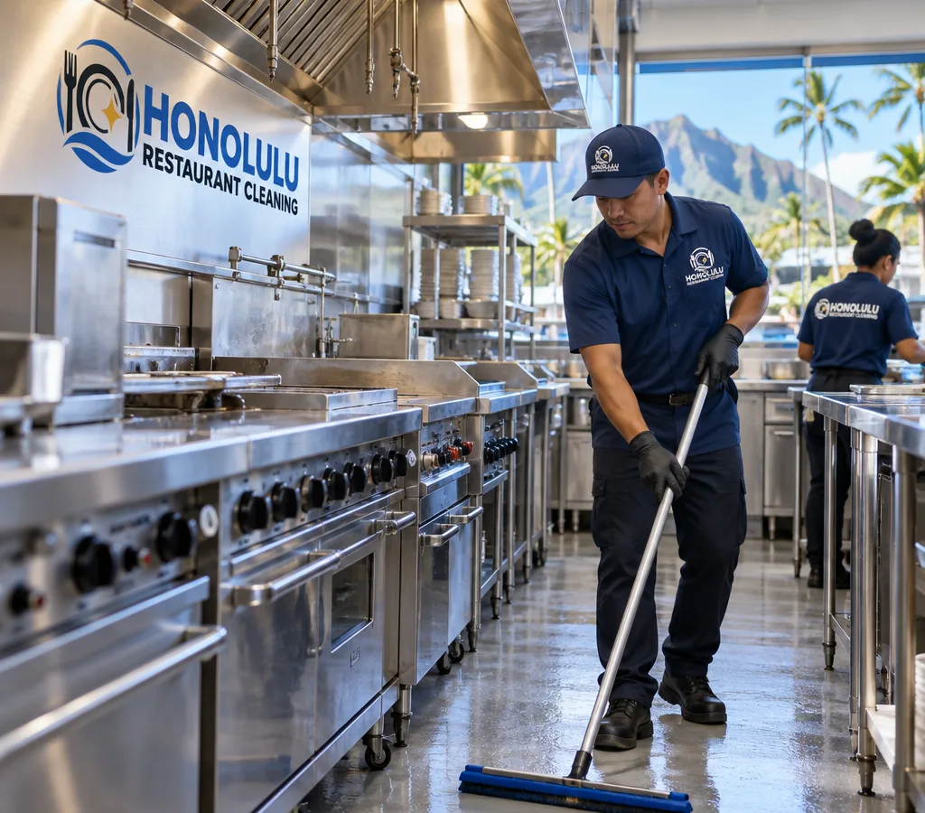 Clean commercial kitchen line in a Kailua restaurant with freshly cleaned stainless equipment, hoods, and dry floors ready for service