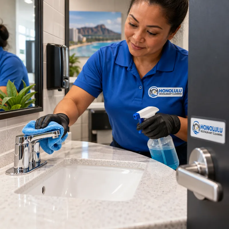 Spotless restaurant restroom sink, polished mirror, and disinfected faucet and door touch points