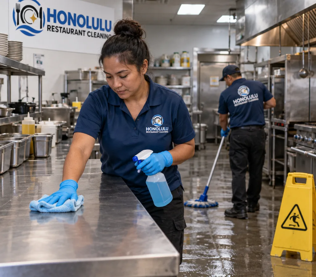 After-hours restaurant cleaning in Waipahu with food-contact prep tables sanitized and a commercial kitchen floor being mopped
