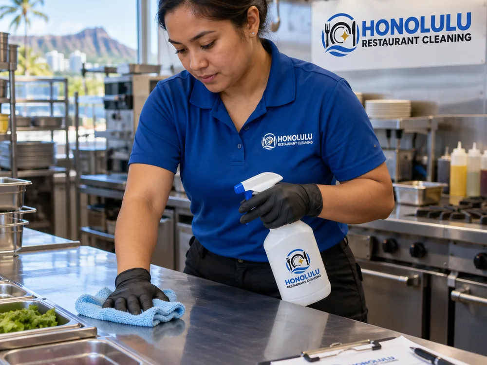 Cleaner sanitizing stainless prep tables and food-contact surfaces beside labeled supplies and a checklist