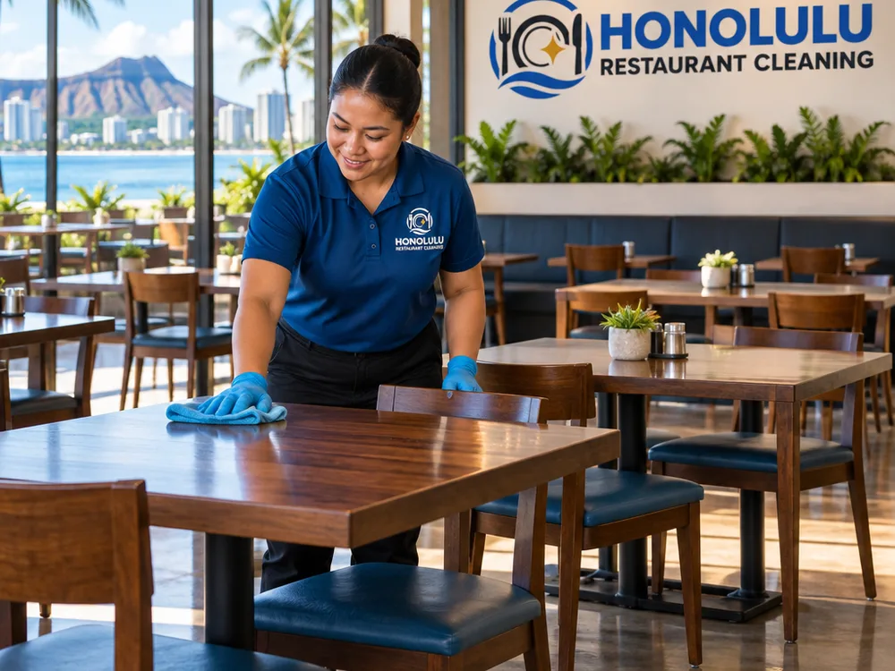 Finished restaurant dining area with clean floors, wiped tables, and chairs reset for opening