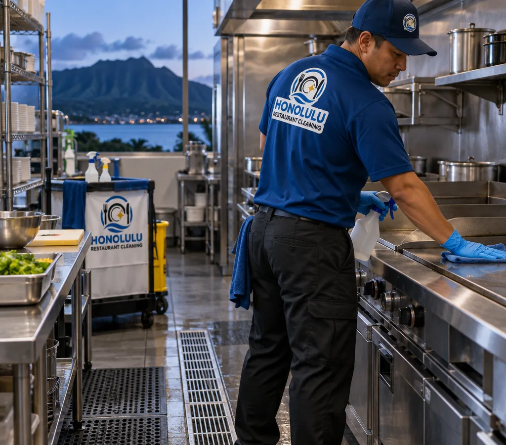 After-hours Kaneohe restaurant kitchen with a cleaner wiping down the cook line using food-safe methods