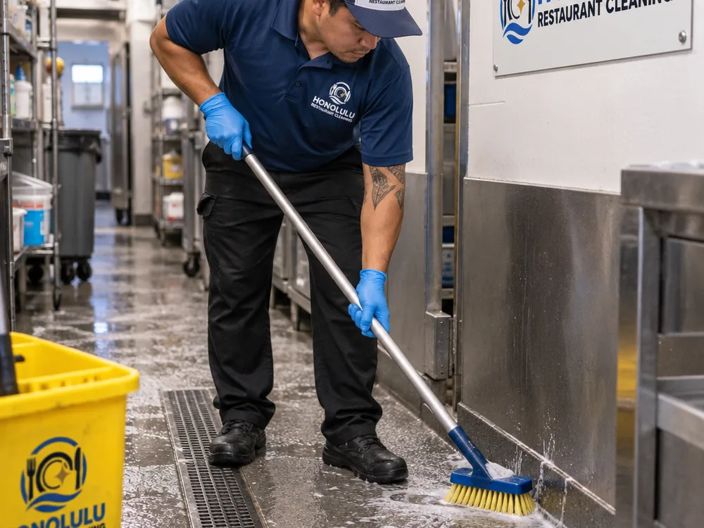 Cleaner scrubbing and degreasing a restaurant back-of-house floor along baseboards and around a floor drain
