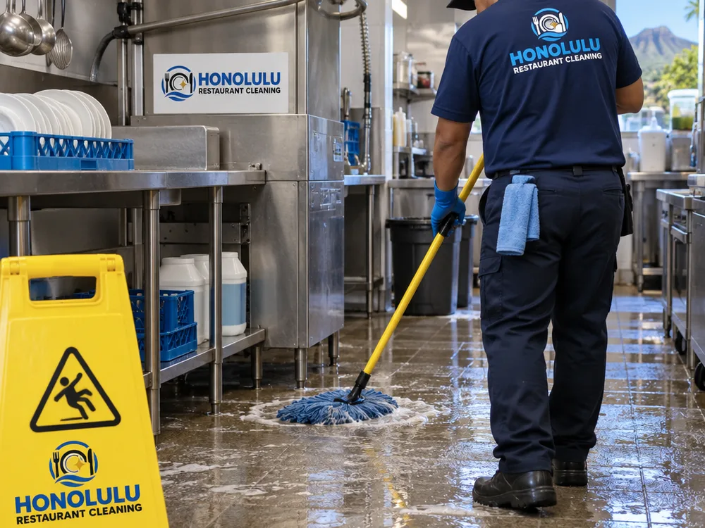 Cleaner mopping and degreasing a commercial kitchen floor near a dish area